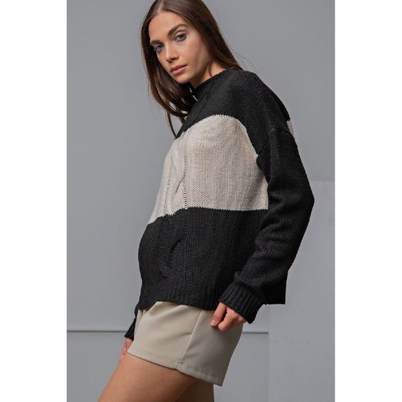 Easel Black Color Blocked Mock Neckline Ribbed Edges Loose Fit Sweater - Picture 2 of 5
